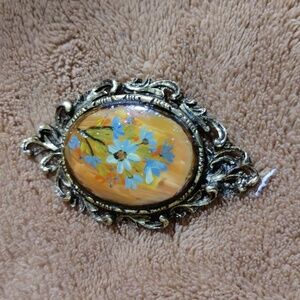 Victorian Revival 70's Handpainted Floral Brooch Pendant Brassy Goldtone Artisan